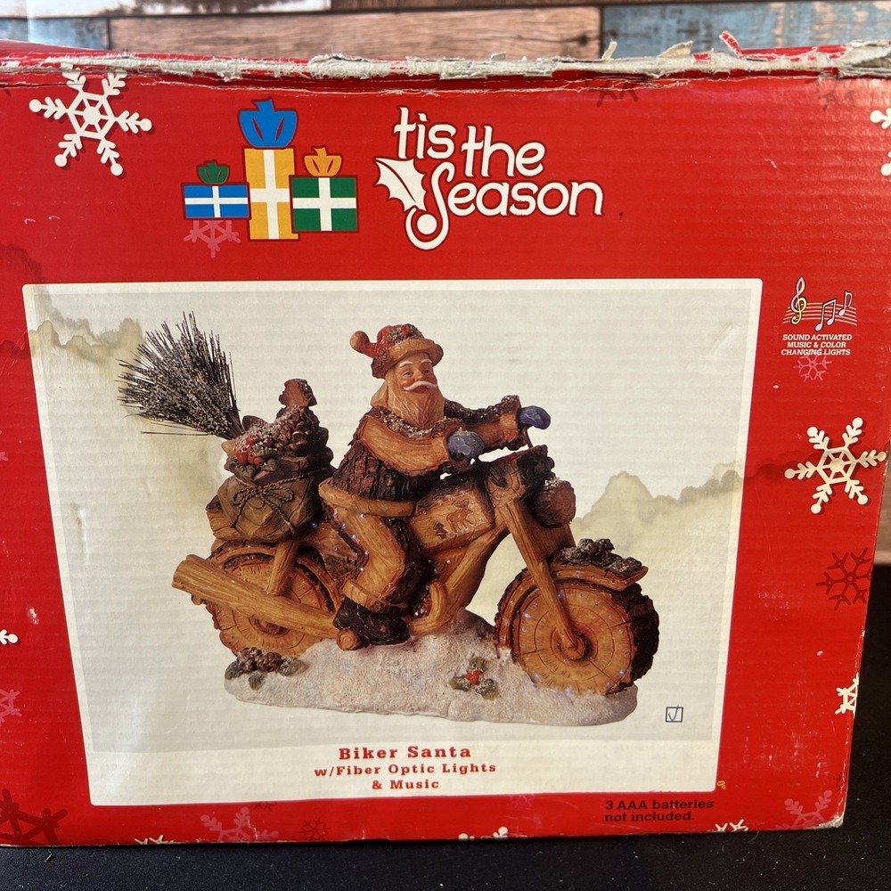 Vtg Fiber Optic Lights Biker Santa W/ Music Tis‎ The Season Christmas Decor